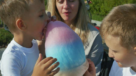Happy family eating cotton candy on the bench. Young happy mother with two sonsの写真素材