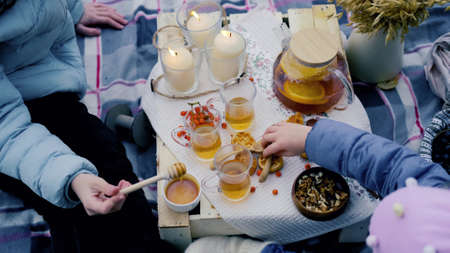 young mother and daughter on a picnic in nature eat fresh honey. close-upの写真素材
