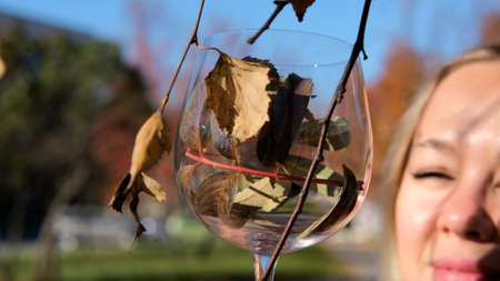 Smiling beautiful blonde woman holding a transparent glass with a yellow rowan leaf in her hand. Autumn atmosphere and moodの写真素材