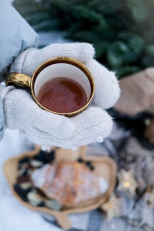 Winter picnic with hot tea and croissantsの写真素材