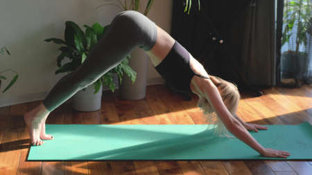 Woman doing fitness on yoga mat at home. Health care and sports concept.の写真素材