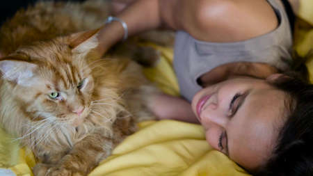 Pets and people concept happy young woman with big ginger cat in bed at home