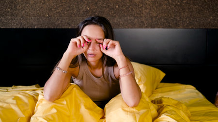 The woman is lazy and does not want to wake up. The girl realized that morning had come, but she wanted to sleep.の写真素材