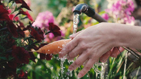 A woman washes fresh young carrots under tap water outdoors. Harvesting vegetables grown by yourselfの写真素材