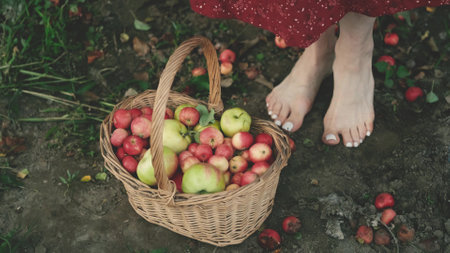 Womans legs near a basket of apples. Collection of apples. Close-upの写真素材