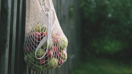 View of fresh juicy apples in an eco-bag on a garden fence on a summer day. Eco products in a bag.の写真素材