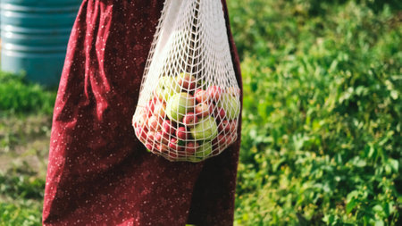 A string bag with apples. View of a female figure walking through the summer garden with an eco-bag...
