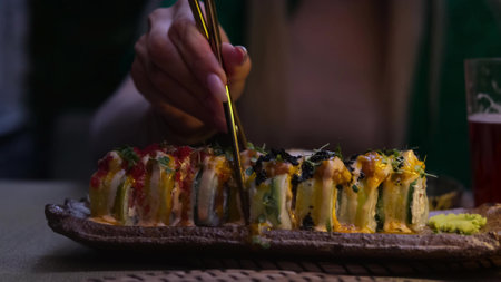 Close-up of womans hand holding Take Sushi chopsticks and Set of delicious Japanese sushi rollsの写真素材