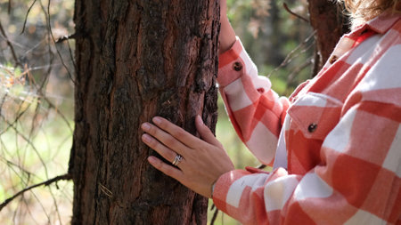 A beautiful adult curly woman touches the bark of a pine tree, hugs a large pine tree in the forest. Environment concept. Deforestation must be stopped because of the danger of climate changeの写真素材