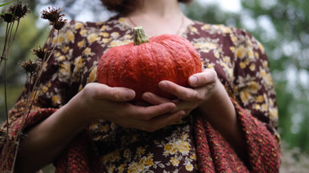 Womens hands hold an orange pumpkin against the backdrop of an autumn forest. Autumn comfort concept, Halloween, Thanksgivingの写真素材
