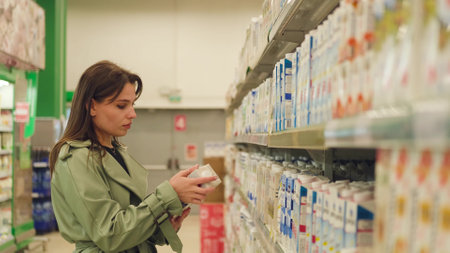 Young woman chooses dairy products in a supermarket