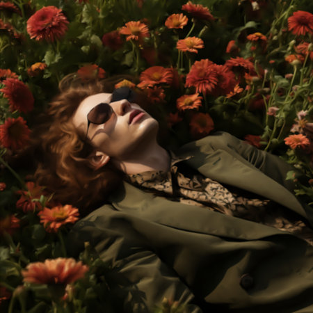 Young guy lying on a field with red flowersの写真素材