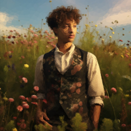 Handsome modern fashionable man standing in a field of flowers