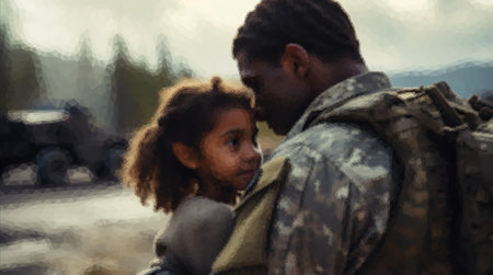 Soldier hugging sad little daughter while leaving for war.の写真素材