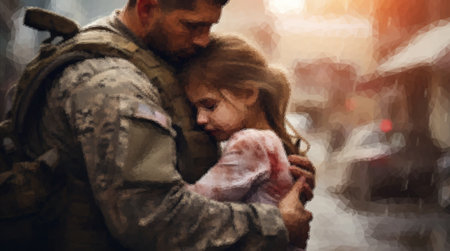 A man rescues and calms a frightened child during the fightingの写真素材