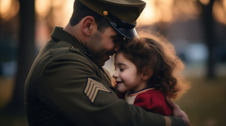 Soldier hugging sad little daughter while leaving for war.の写真素材