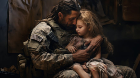 Soldier hugging sad little daughter while leaving for war. A man rescues and calms a frightened child during the fightingの写真素材