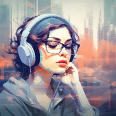 Portrait of a beautiful young woman who listens to music with headphones on the background of the evening cityの写真素材