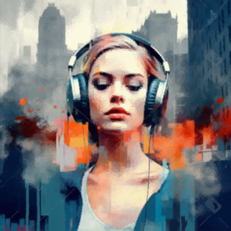 Portrait of a beautiful young woman who listens to music with headphones on the background of the evening cityの写真素材