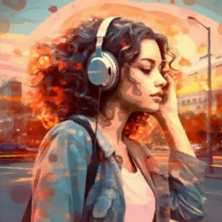 Portrait of a beautiful young woman who listens to music with headphones on the background of the evening cityの写真素材