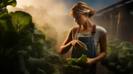 Beautiful woman farmer in the sunset backlight is harvesting in her gardenの写真素材