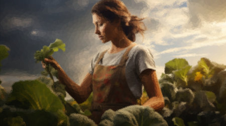 Beautiful woman farmer in the sunset backlight is harvesting in her gardenの写真素材