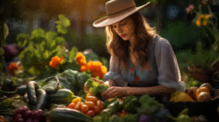Beautiful woman farmer in the sunset backlight is harvesting in her gardenの写真素材