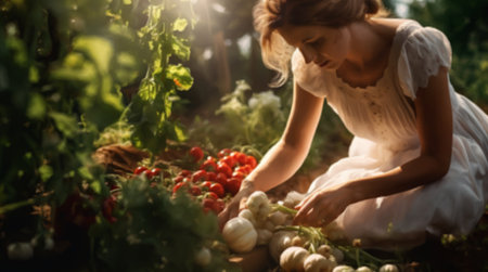 Beautiful woman farmer in the sunset backlight is harvesting in her gardenの写真素材