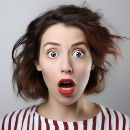 Portrait of a surprised, shocked woman who opened her mouth in surpriseの写真素材