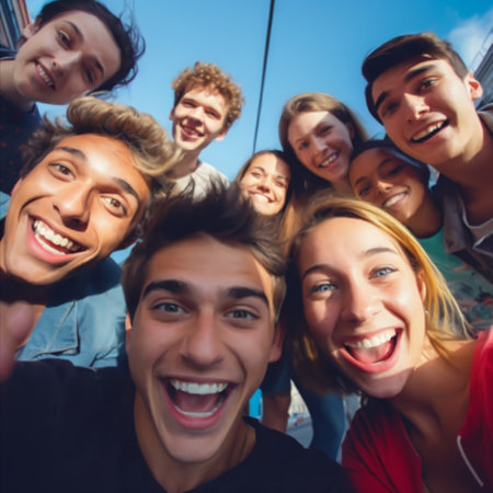 A group of students friends take a selfie on a smartphone while relaxingの写真素材