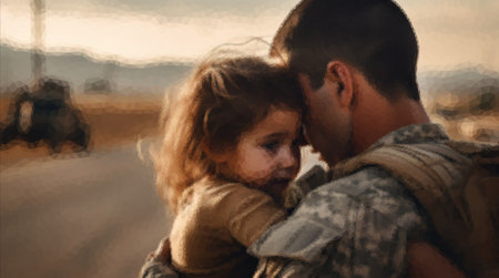 Soldier hugging sad little daughter while leaving for war.の写真素材