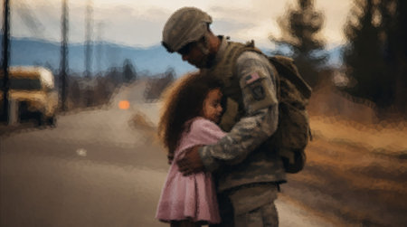 Soldier hugging sad little daughter while leaving for war.の写真素材