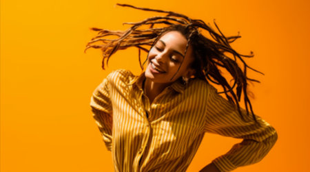 Cheerful woman with dreadlocks laughing over isolated red or orange color background