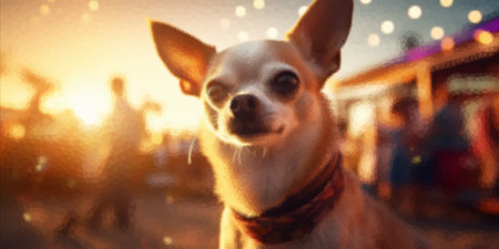Chihuahua puppy outdoors in the light of the setting sunの写真素材