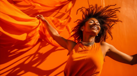 Cheerful woman with dreadlocks laughing over isolated red or orange color backgroundの写真素材