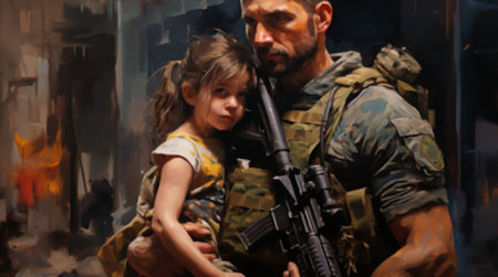 Soldier hugging sad little daughter while leaving for war. A man rescues and calms a frightened child during the fightingの写真素材