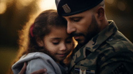 Soldier hugging sad little daughter while leaving for war.の写真素材