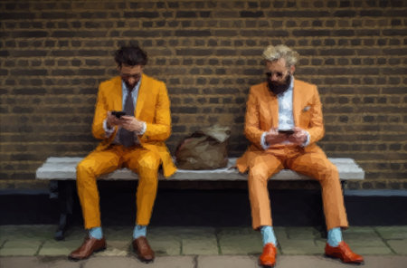 Two modern men in trendy yellow suits look at their smartphonesの写真素材