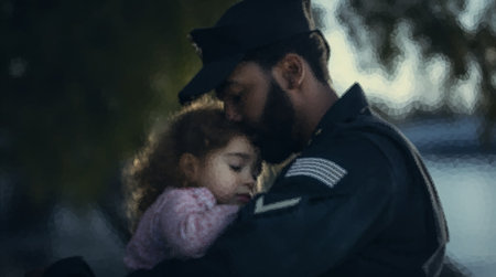 Soldier hugging sad little daughter while leaving for war.の写真素材