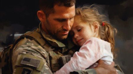 Soldier hugging sad little daughter while leaving for war. A man rescues and calms a frightened child during the fightingの写真素材