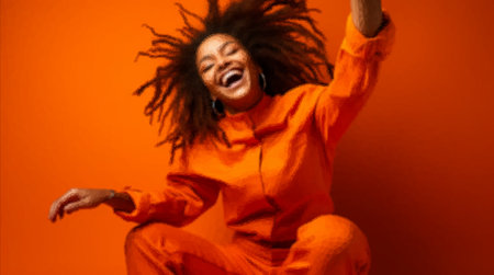 Cheerful woman with dreadlocks laughing over isolated red or orange color backgroundの写真素材