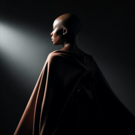 A calm, motionless monk stands in the dark and looks at a beam of light.の写真素材