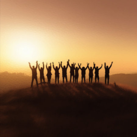 Silhouettes of a group of friends meeting the sunset on a high mountain.