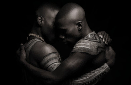 Monochrome image of two men hugging each other. The concept of happiness, love and understanding in relationshipsの写真素材