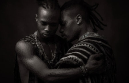 Monochrome image of two men hugging each other. The concept of happiness, love and understanding in relationshipsの写真素材