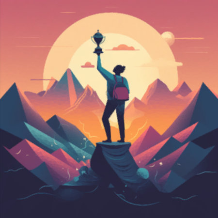 Woman traveler with a backpack raises the cup of victory above her head in the light of the setting...
