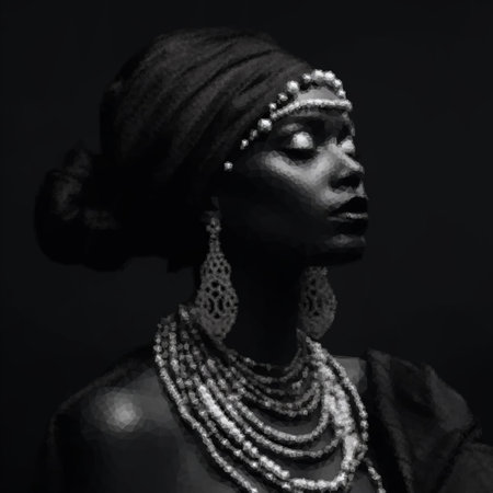 Vintage monochrome image of a bohemian African American woman in expensive jewelryの写真素材