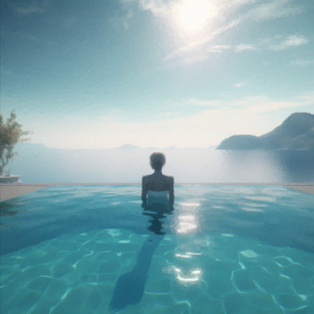 Rear view of woman in swimming pool while relaxing at resortの写真素材