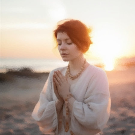 A woman prays with her palms clasped. Faith and religion conceptの写真素材