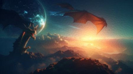 Fantasy image of a flaming dragon in the sky in the light of the sunの写真素材